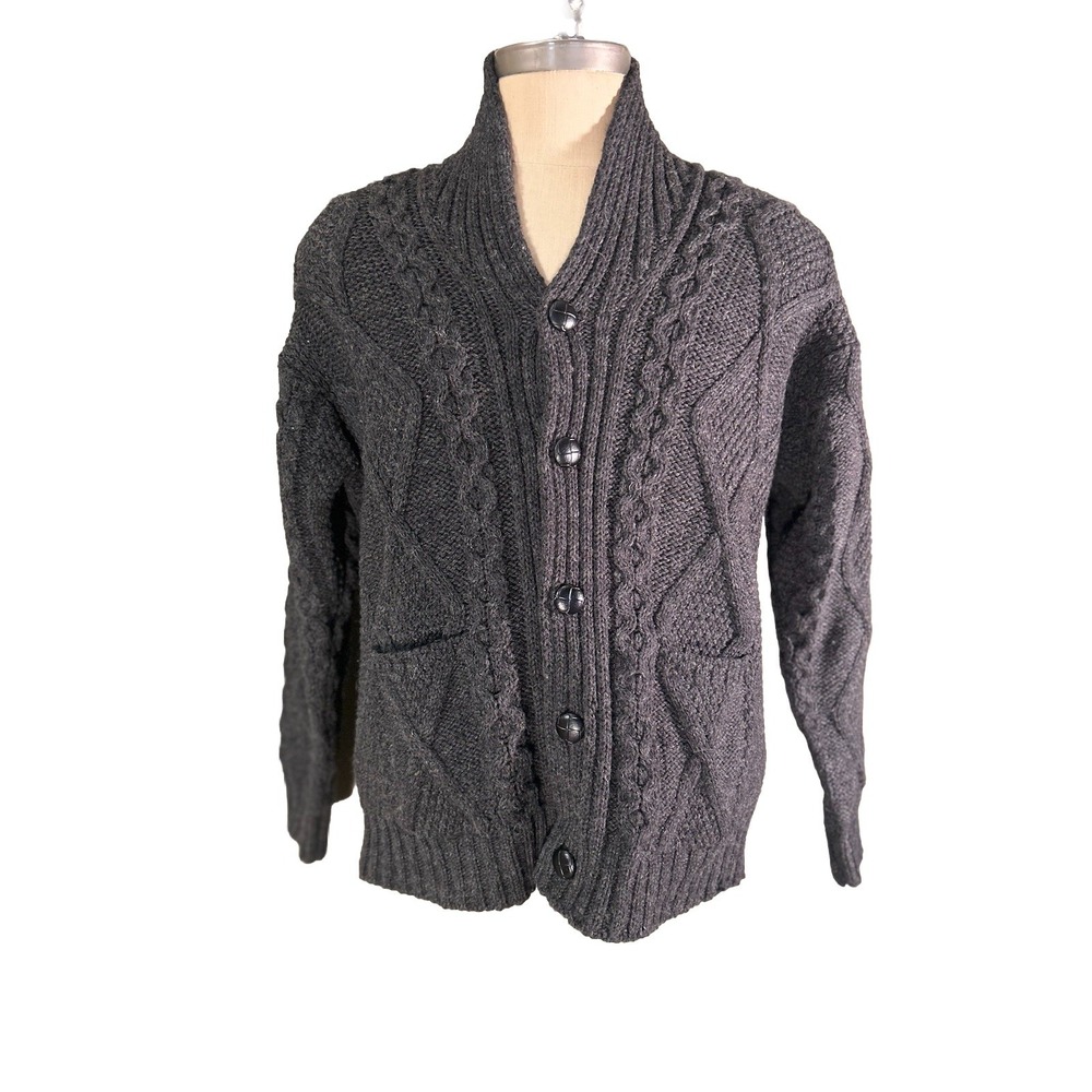 Aran Crafts Womens Gray Irish Wool Cable Knit Shawl Collar Cardigan Sz Medium